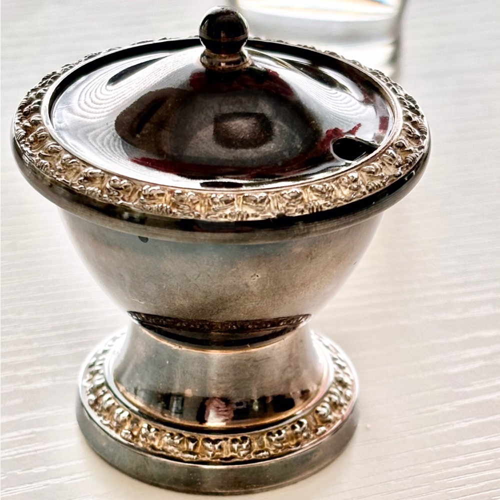 Antique English Silver Salt Cellar with Lid and Colbalt Blue Insert